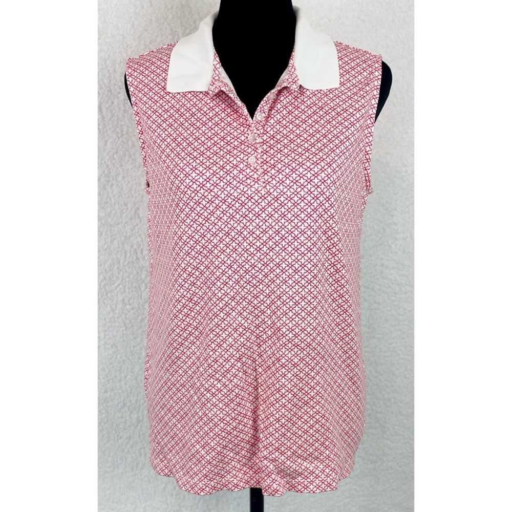 LANDS’ END • Red/White Geometric Print Sleeveless Collared Polo Top, M - Picture 3 of 16